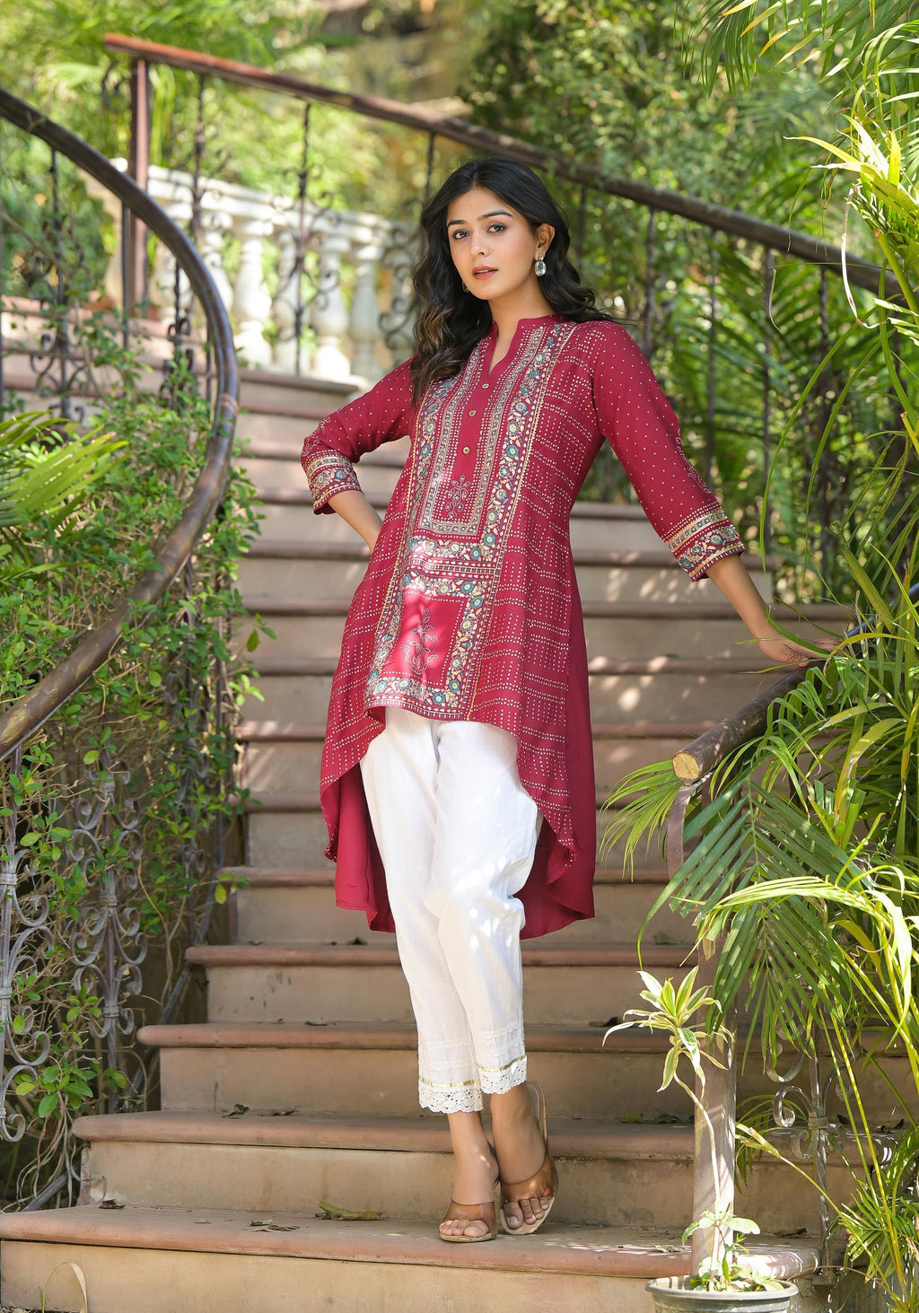 Juniper Maroon Bandhani Printed Liva Rayon Tunic With Sequins & Thread Work | Grocsy