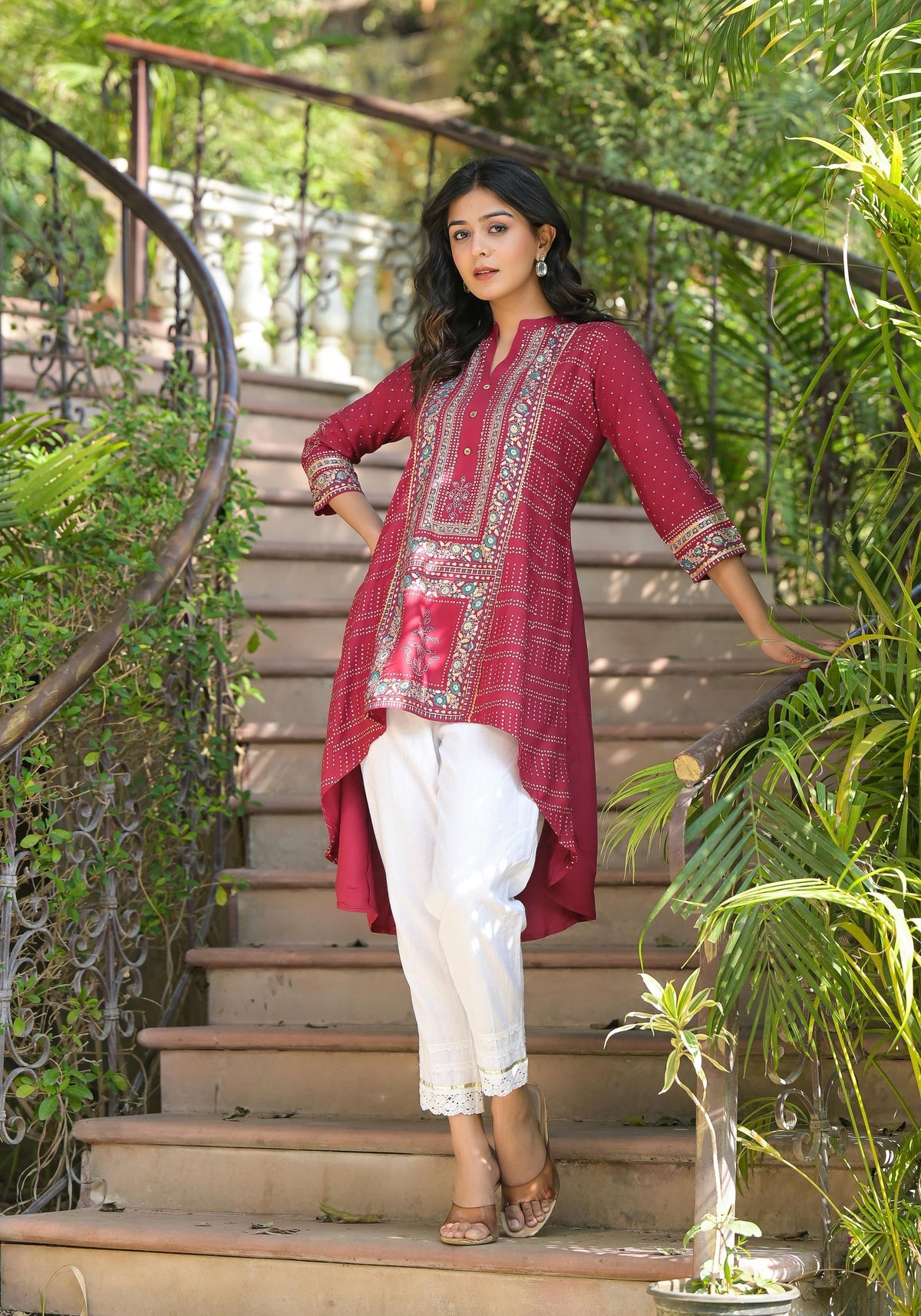 Juniper Maroon Bandhani Printed Liva Rayon Tunic With Sequins & Thread Work | Grocsy