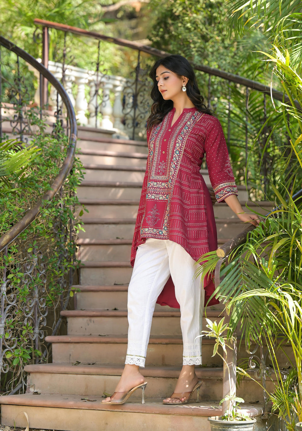 Juniper Maroon Bandhani Printed Liva Rayon Tunic With Sequins & Thread Work | Grocsy
