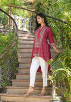 Juniper Maroon Bandhani Printed Liva Rayon Tunic With Sequins & Thread Work | Grocsy