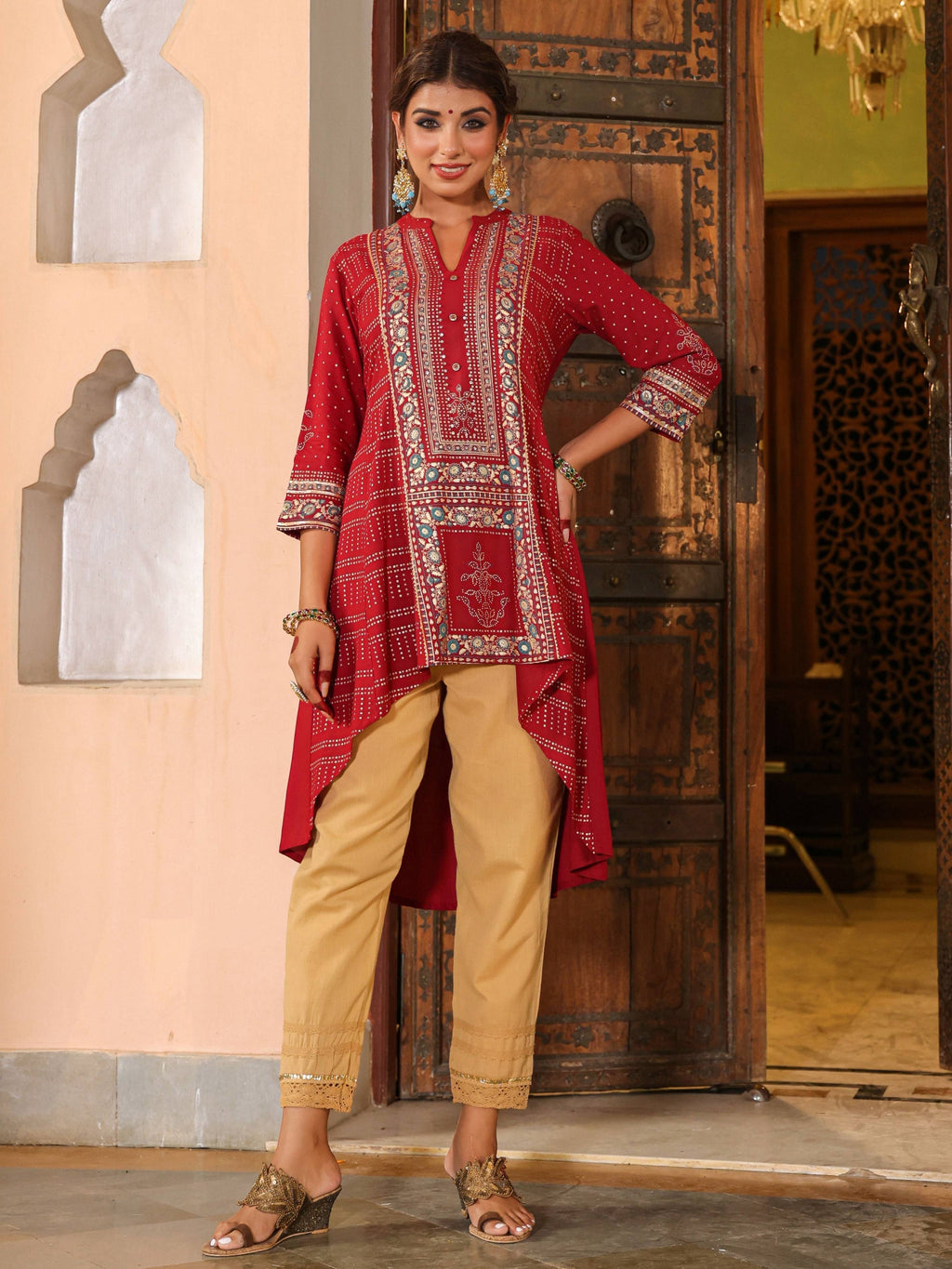 Juniper Women Maroon Liva Rayon Foil Printed High-Low Tunic | Grocsy