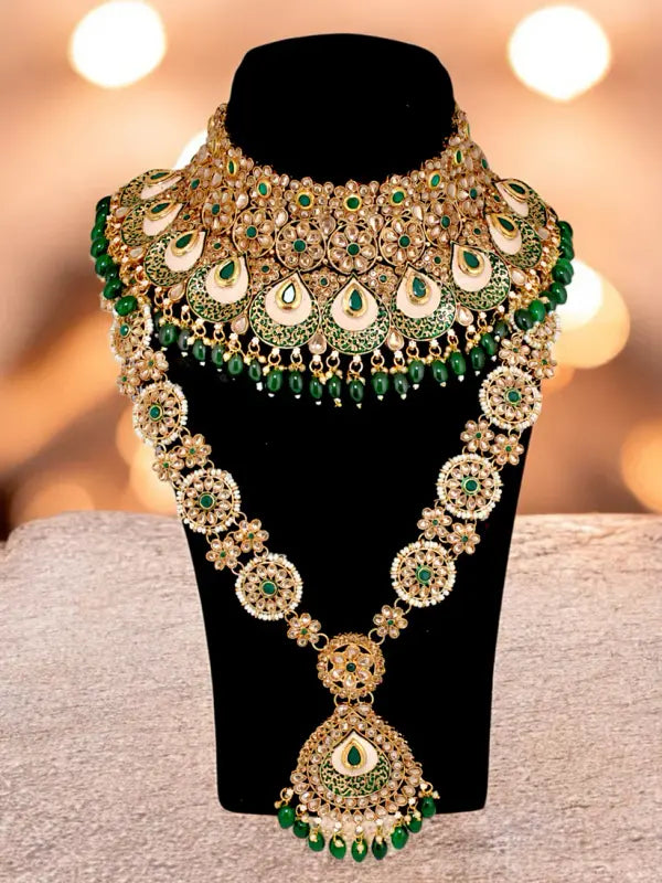 Tehzeeb Creations Traditional Designer Kundan Stone Green Meenakari Choker Bridal Set | Grocsy