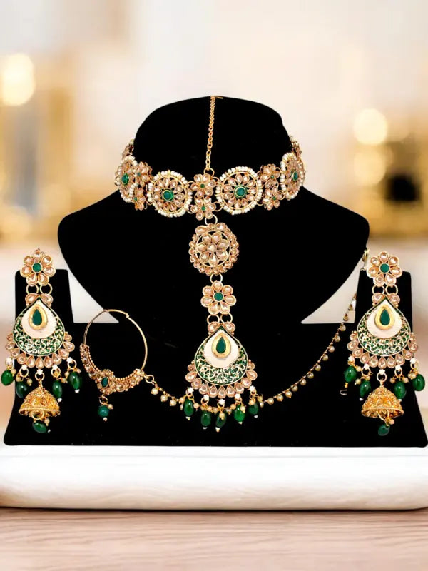 Tehzeeb Creations Traditional Designer Kundan Stone Green Meenakari Choker Bridal Set | Grocsy