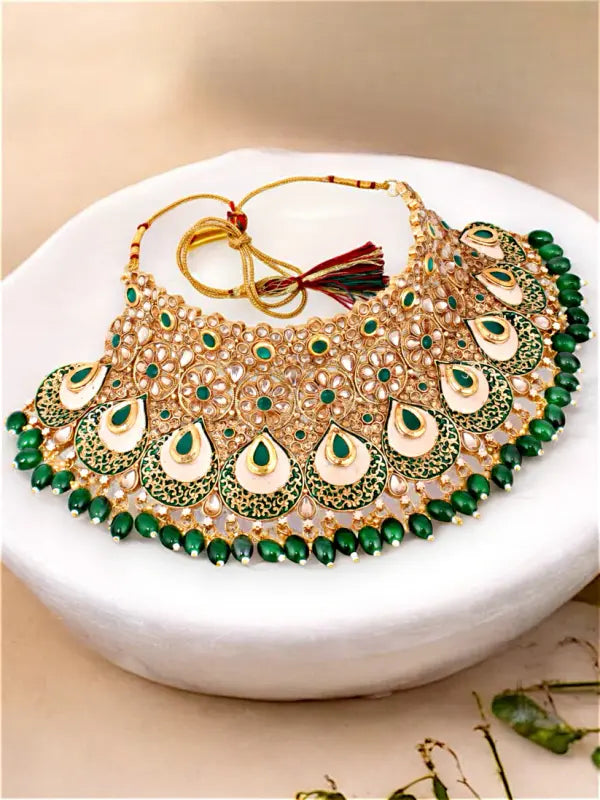 Tehzeeb Creations Traditional Designer Kundan Stone Green Meenakari Choker Bridal Set | Grocsy