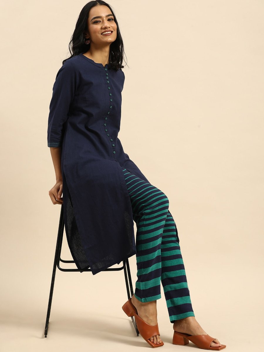 All About You Women Blue & Green Pure Cotton Kurta with Trousers | Grocsy