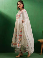 Sangria V-Neck Long Sleeves Thread Work Embroidered Kurta Sets | Grocsy
