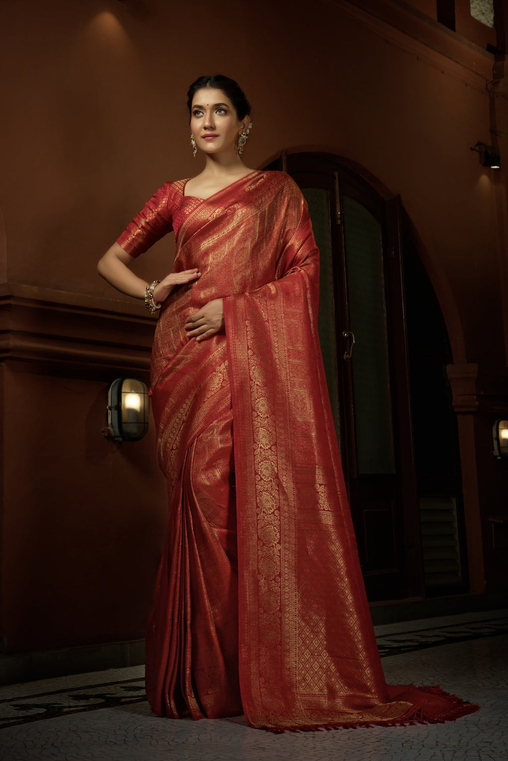 Vardha Scarlet Red Golden Zari Kanjeevaram Silk Saree | Grocsy