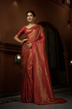 Vardha Scarlet Red Golden Zari Kanjeevaram Silk Saree | Grocsy