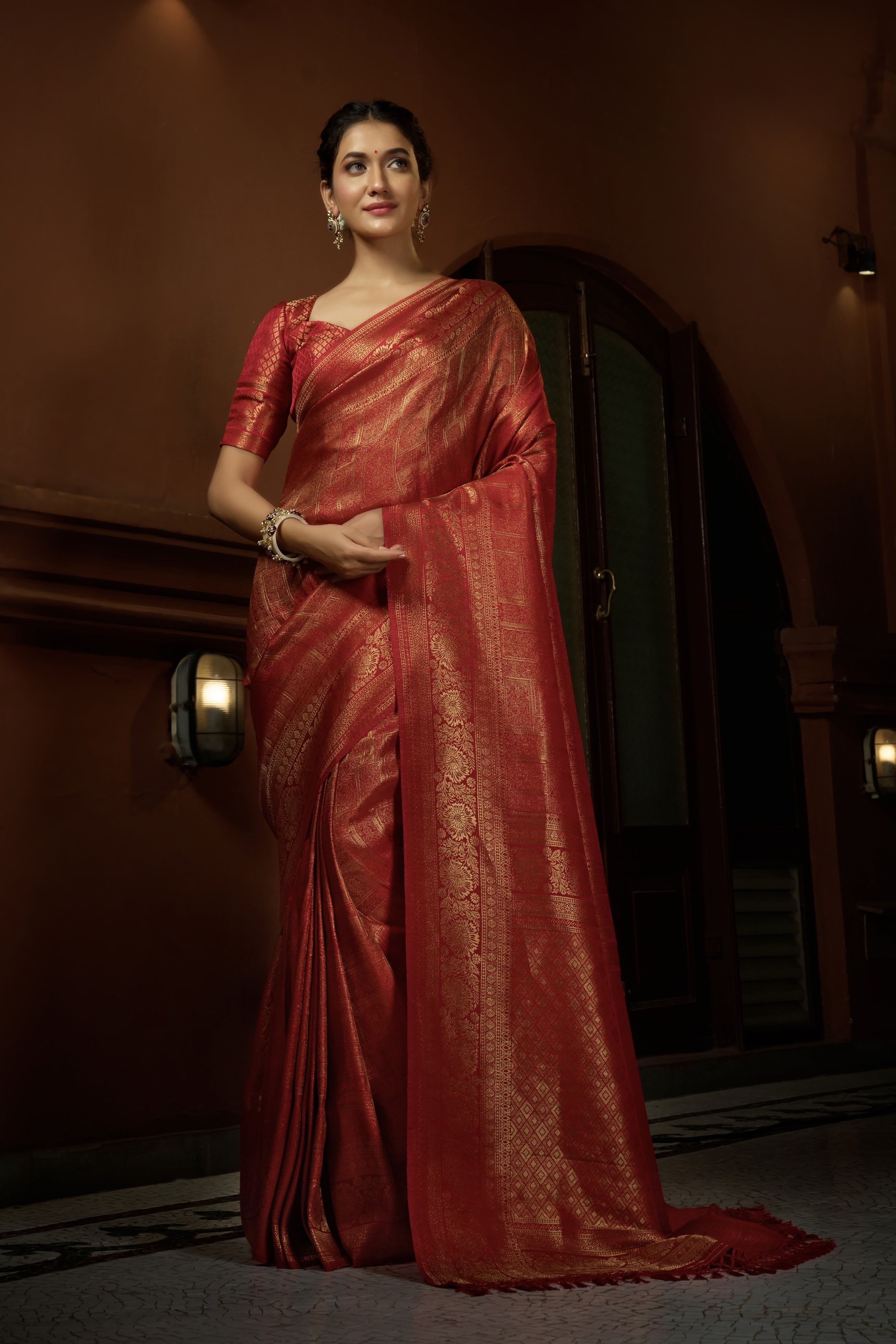 Vardha Scarlet Red Golden Zari Kanjeevaram Silk Saree | Grocsy