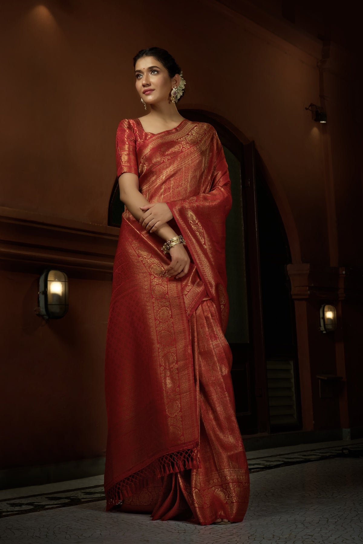 Vardha Scarlet Red Golden Zari Kanjeevaram Silk Saree | Grocsy