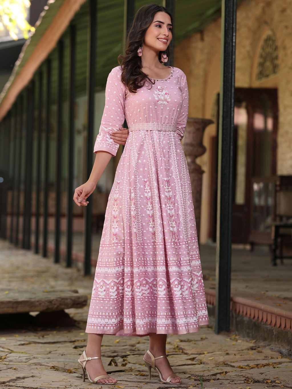 Juniper Women Pink Rayon Staple Printed Maxi Dress | Grocsy