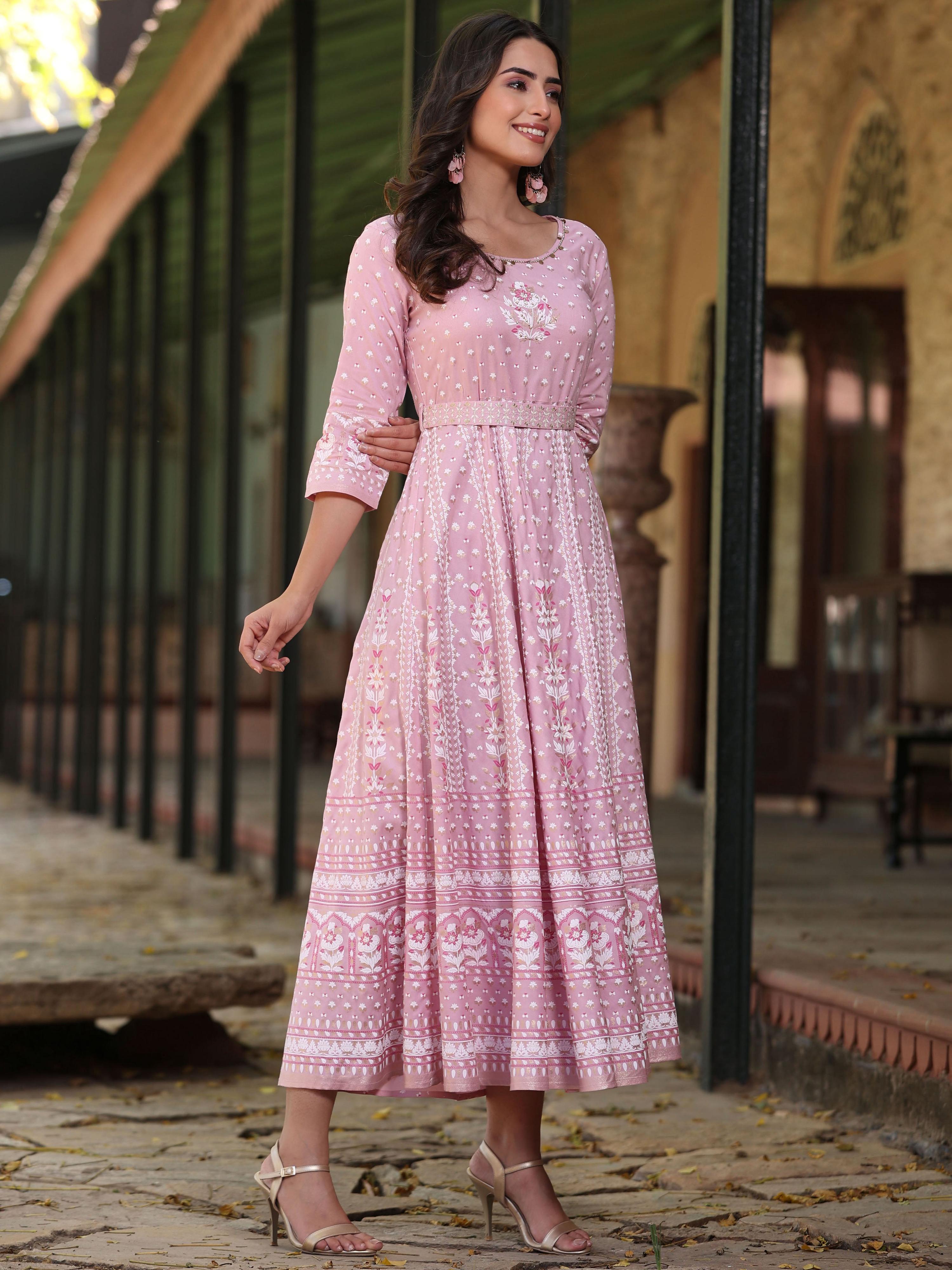 Juniper Women Pink Rayon Staple Printed Maxi Dress | Grocsy