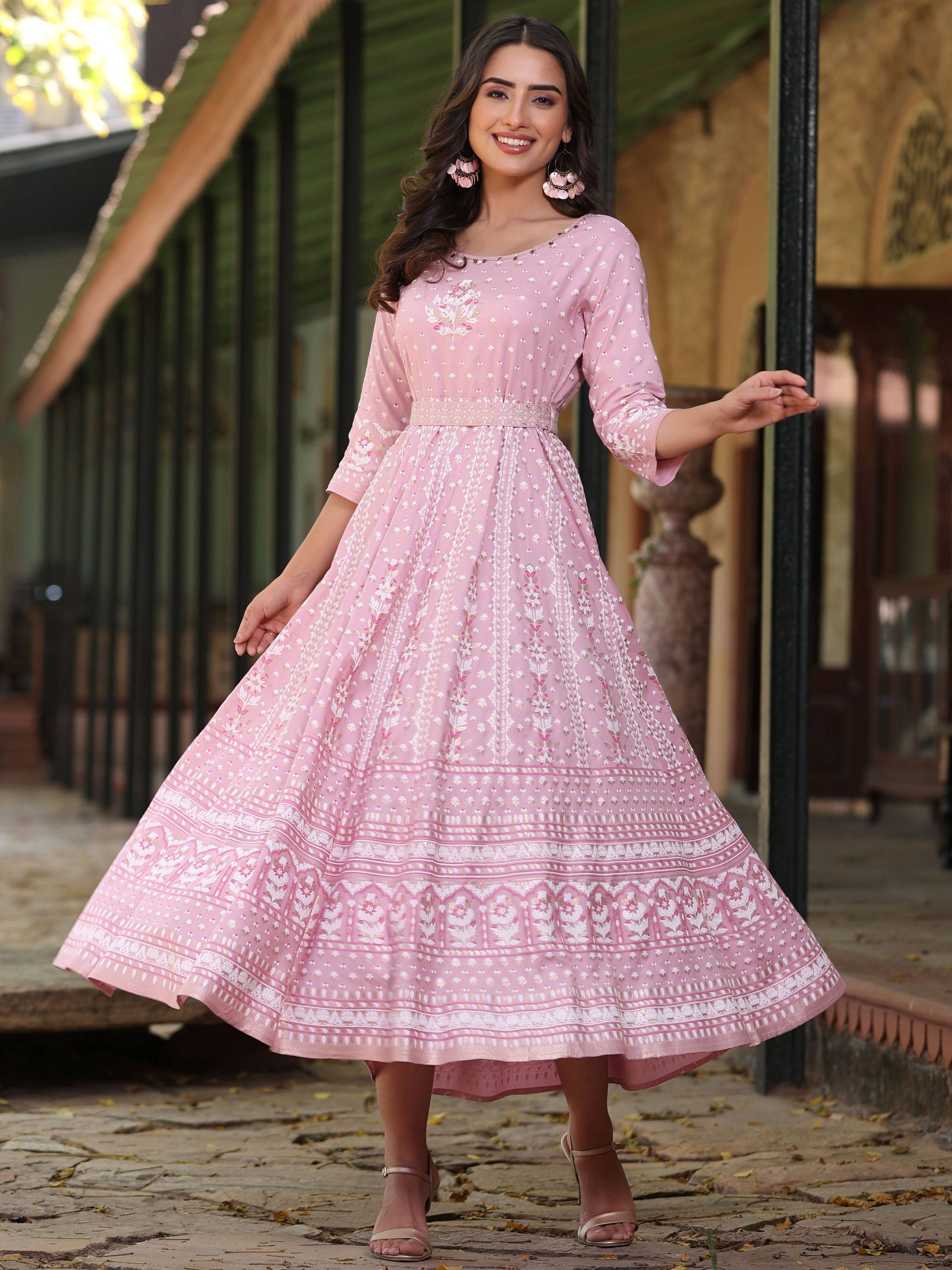Juniper Women Pink Rayon Staple Printed Maxi Dress | Grocsy