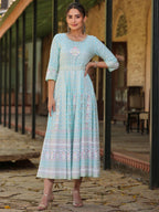 Juniper Women Sky Blue Rayon Staple Printed Maxi Dress | Grocsy