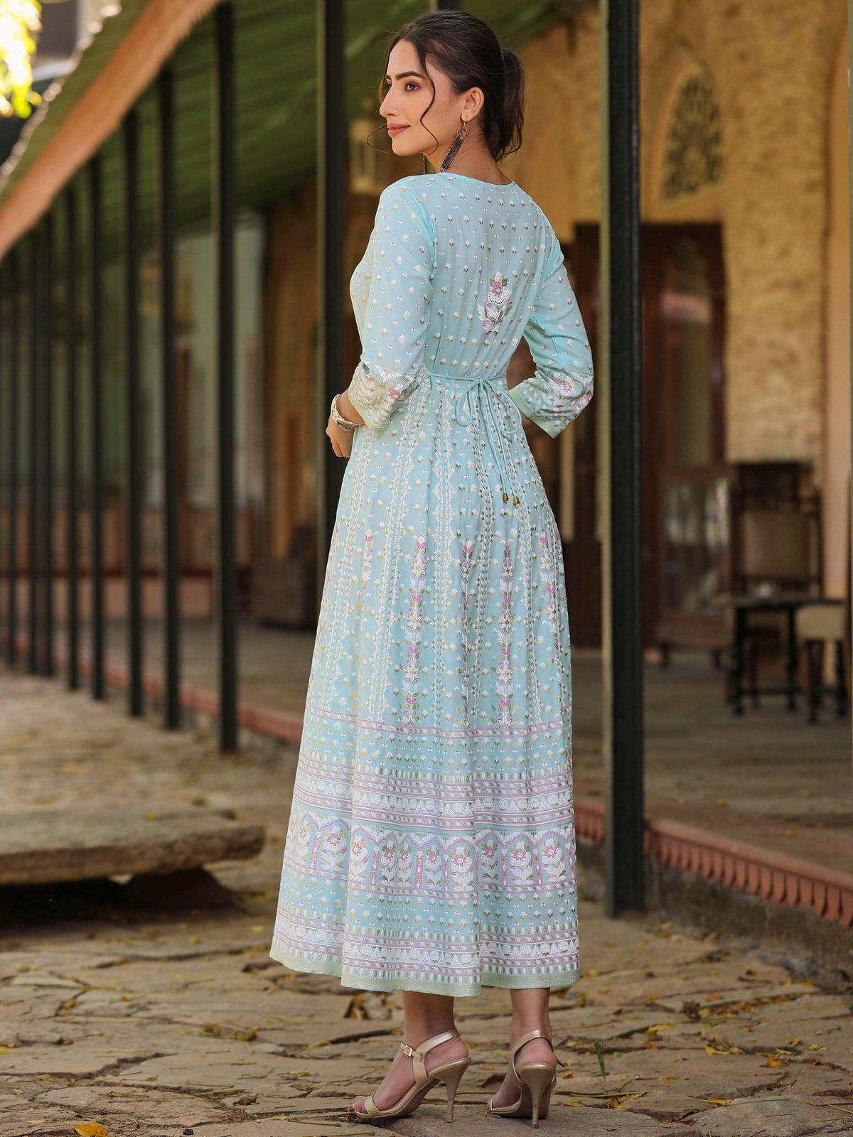 Juniper Women Sky Blue Rayon Staple Printed Maxi Dress | Grocsy
