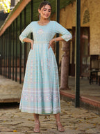 Juniper Women Sky Blue Rayon Staple Printed Maxi Dress | Grocsy