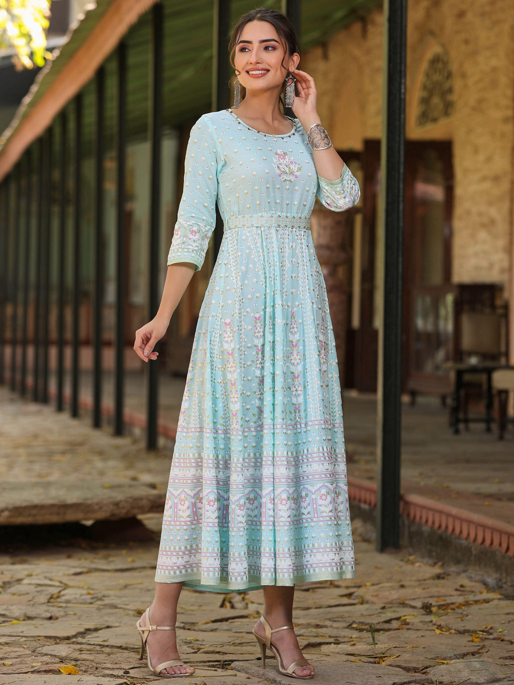 Juniper Women Sky Blue Rayon Staple Printed Maxi Dress | Grocsy
