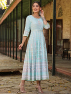 Juniper Women Sky Blue Rayon Staple Printed Maxi Dress | Grocsy