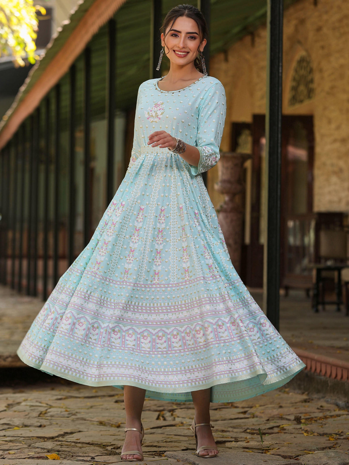 Juniper Women Sky Blue Rayon Staple Printed Maxi Dress | Grocsy