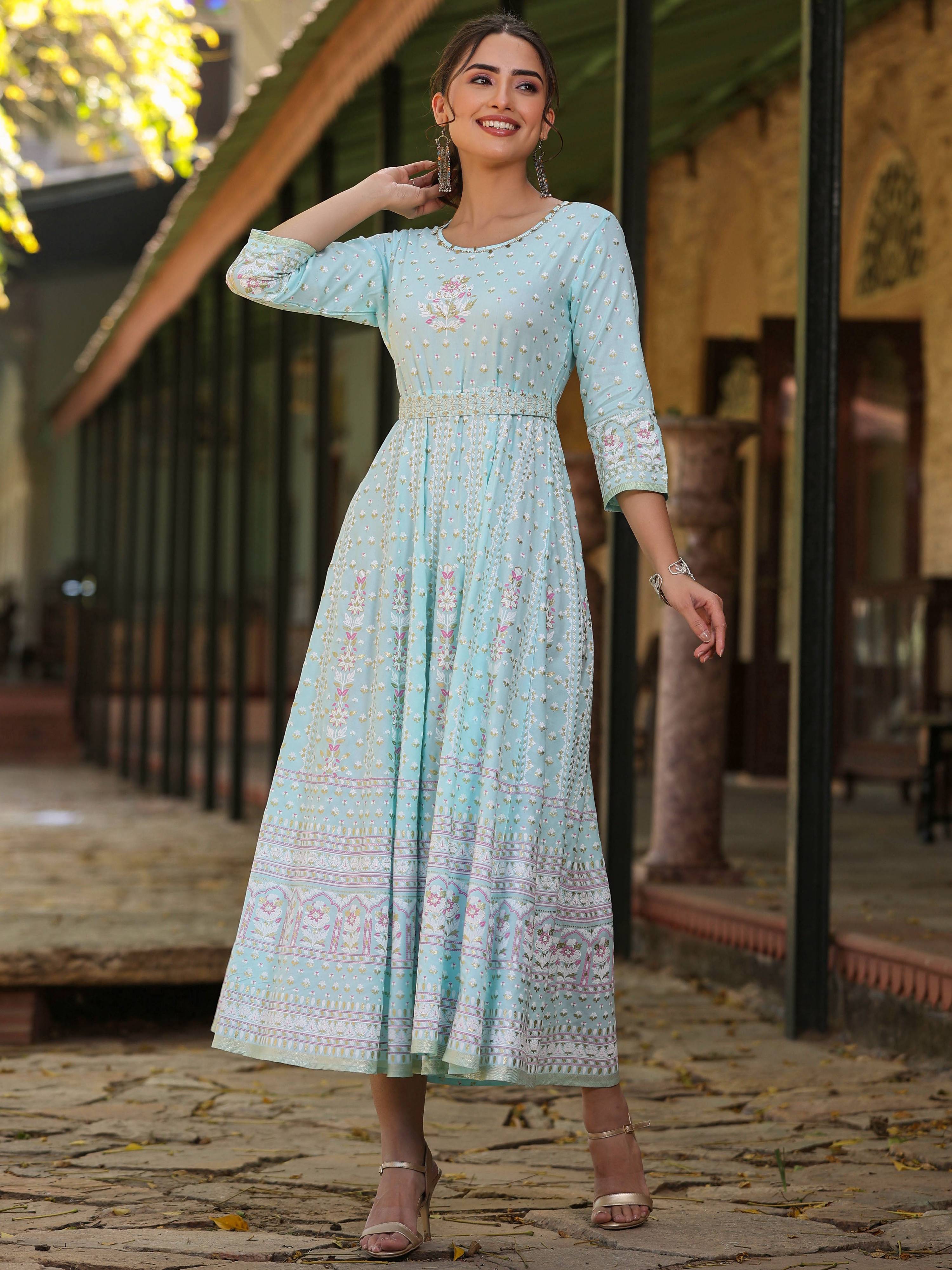 Juniper Women Sky Blue Rayon Staple Printed Maxi Dress | Grocsy