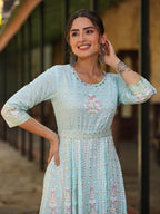 Juniper Women Sky Blue Rayon Staple Printed Maxi Dress | Grocsy