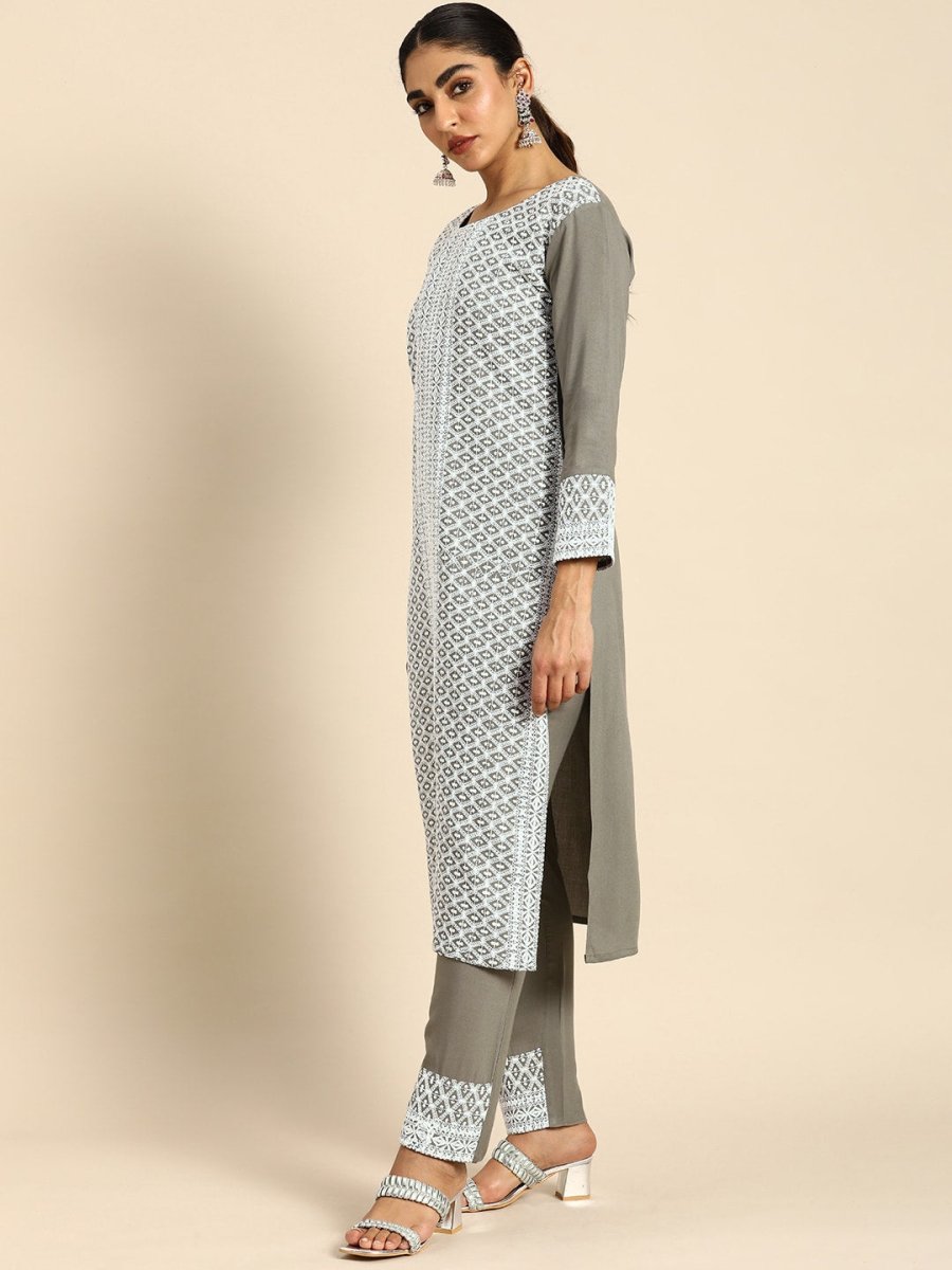 All About You Women Embroidered Chikankari Kurta With Trousers & With Dupatta | Grocsy