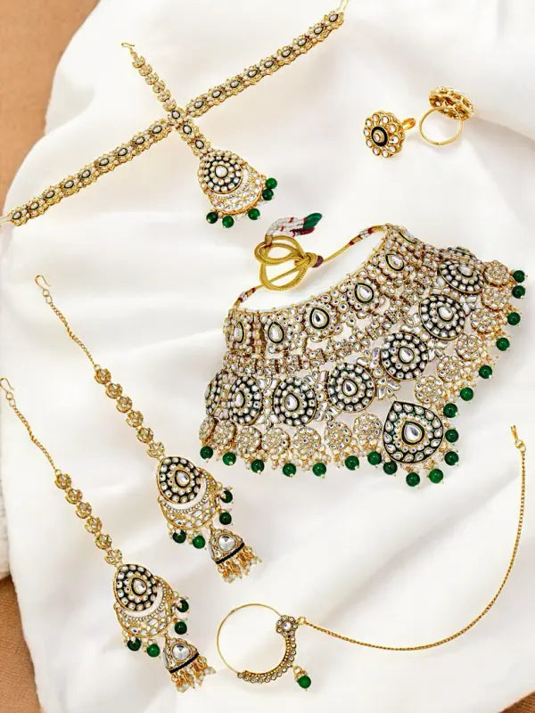 Tehzeeb Creations Traditional Designer Kundan Stone Green Meenakari Choker Bridal Set | Grocsy