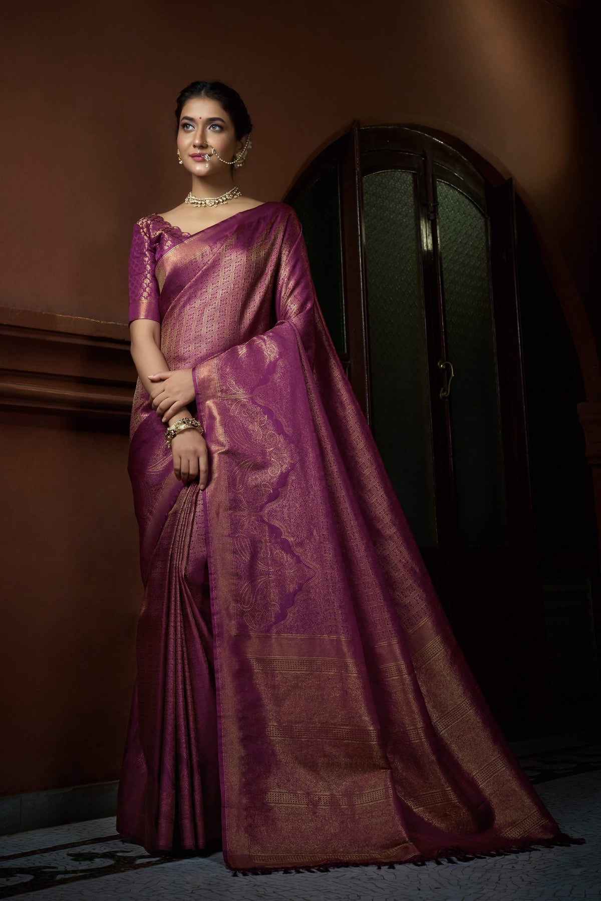 Vardha Tyrian Purple Golden Zari Kanjeevaram Silk Saree | Grocsy