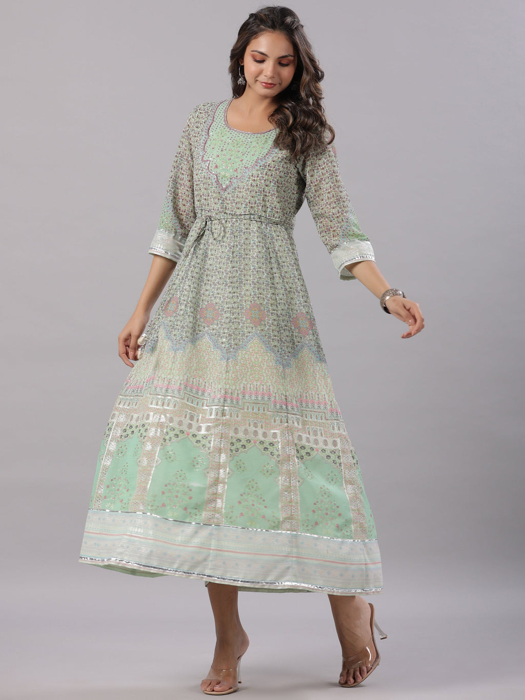 Juniper Women Green Georgette Printed Maxi Dress | Grocsy