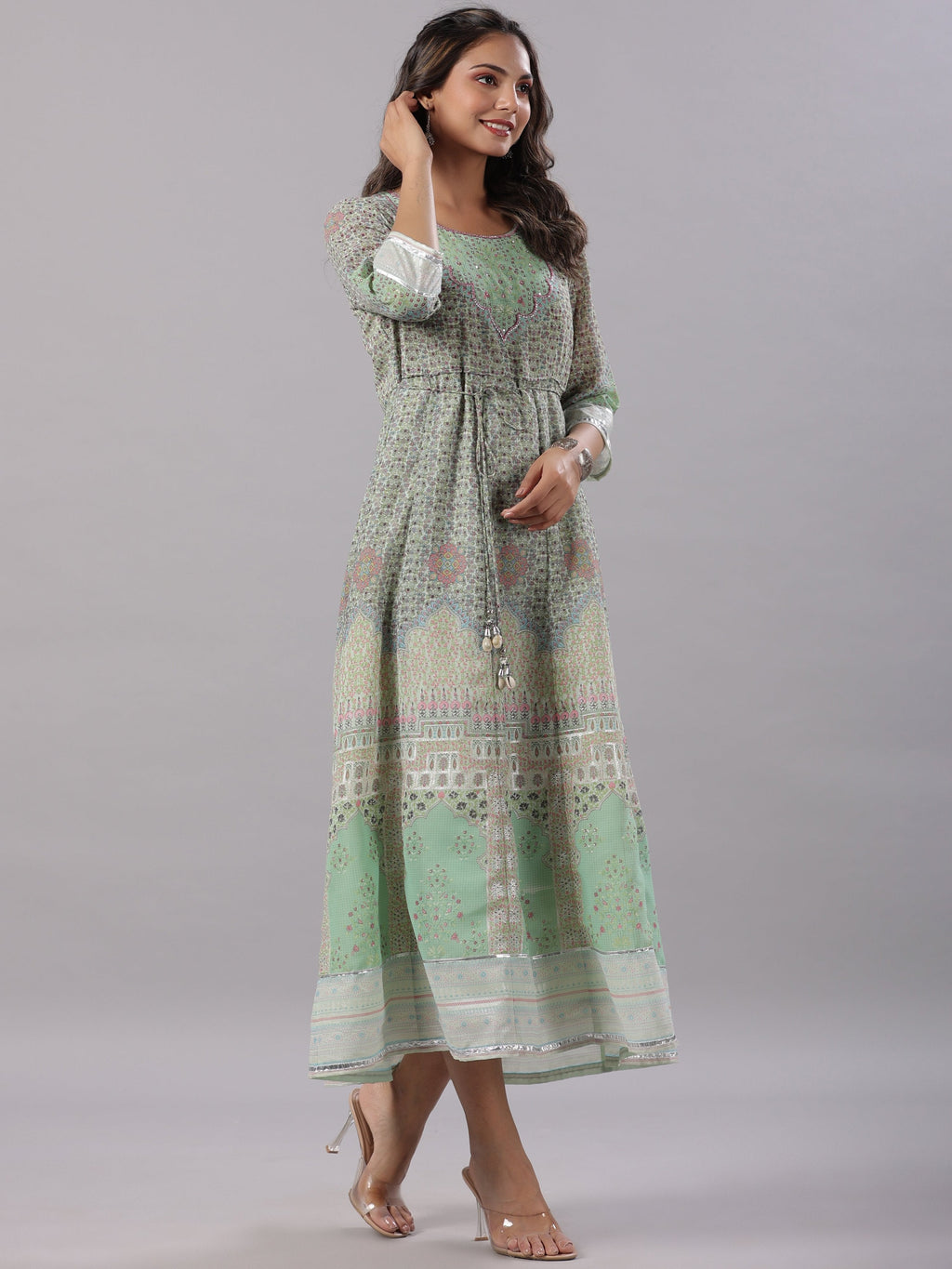 Juniper Women Green Georgette Printed Maxi Dress | Grocsy