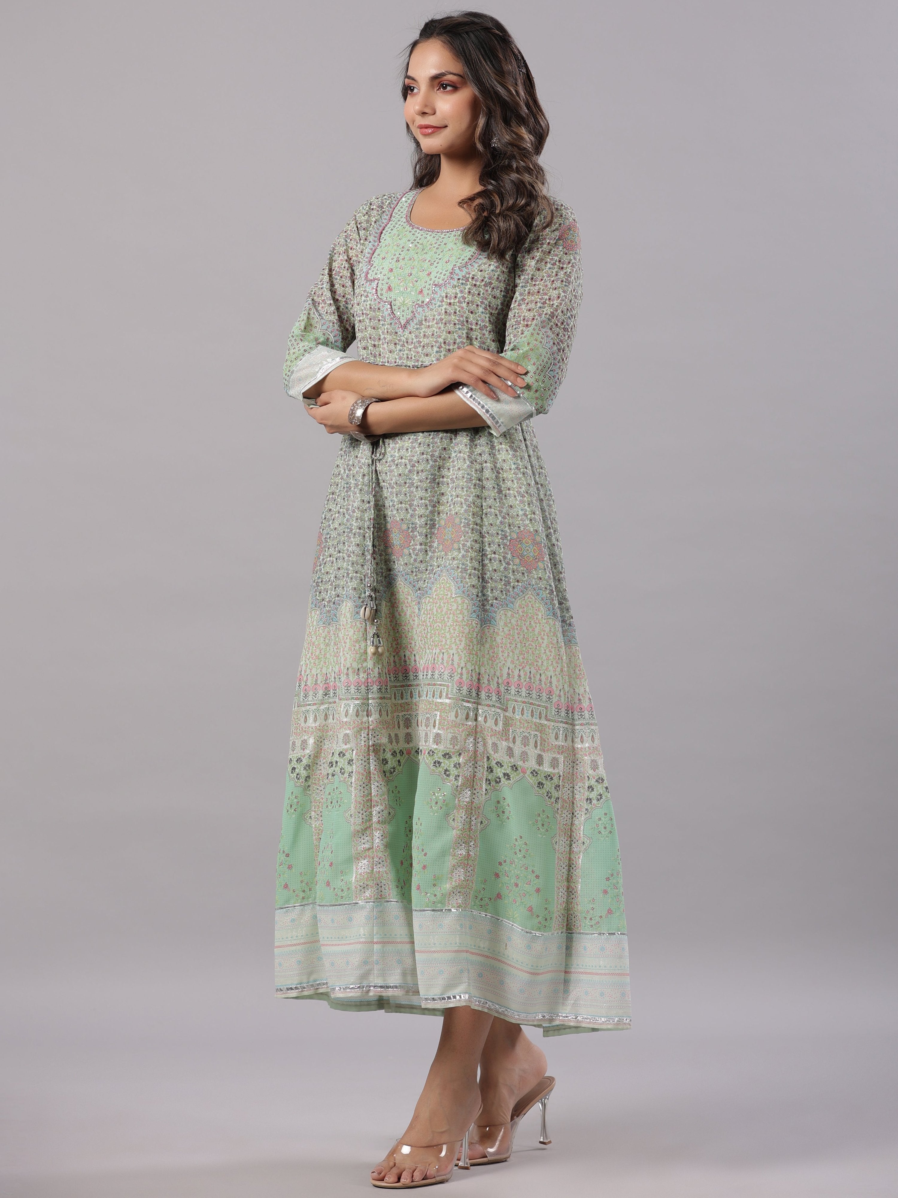 Juniper Women Green Georgette Printed Maxi Dress | Grocsy