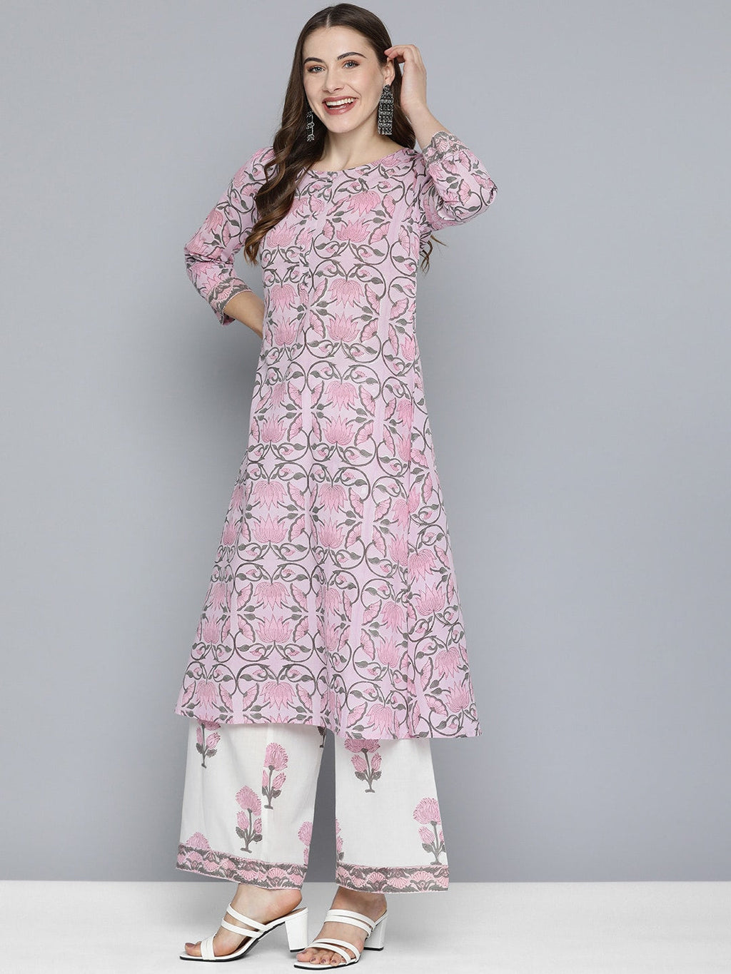 HERE&NOW Women Floral Printed Regular Pure Cotton Kurta with Palazzos & With Dupatta | Grocsy