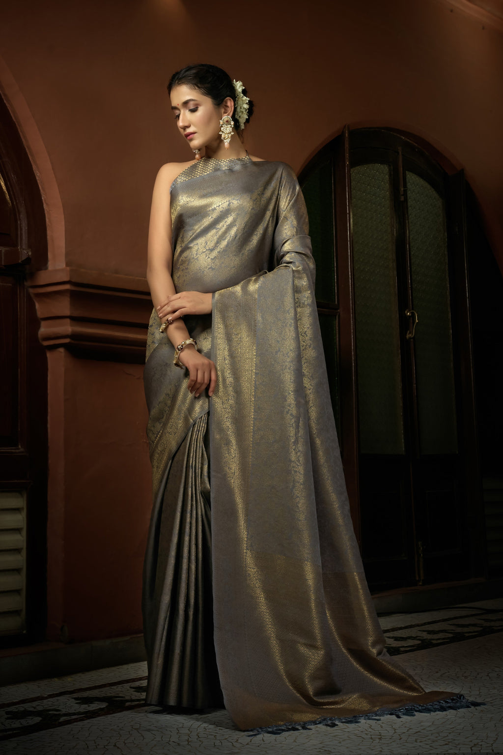 Vardha Platinum Grey Golden Zari Kanjeevaram Silk Saree | Grocsy