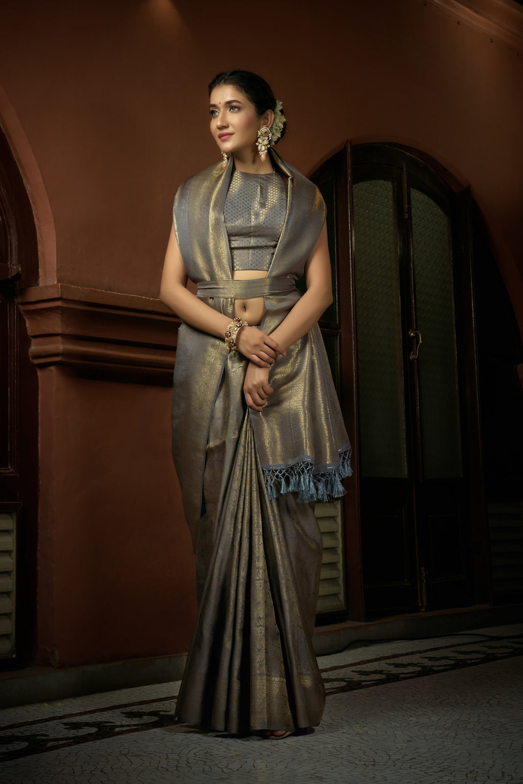 Vardha Platinum Grey Golden Zari Kanjeevaram Silk Saree | Grocsy