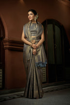Vardha Platinum Grey Golden Zari Kanjeevaram Silk Saree | Grocsy