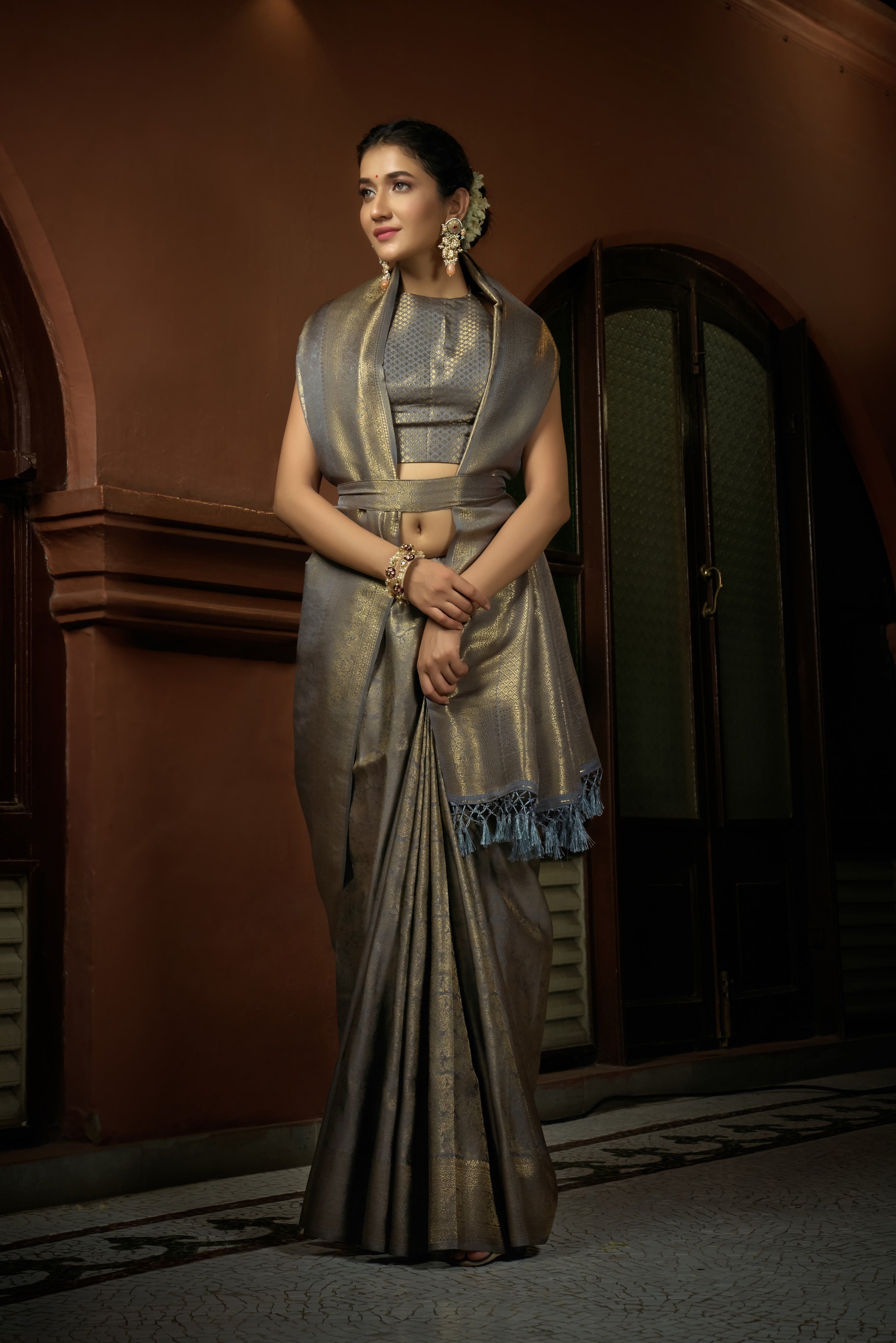 Vardha Platinum Grey Golden Zari Kanjeevaram Silk Saree | Grocsy