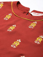 All About You Women Red Floral Embroidered Regular Thread Work Kurta with Trousers | Grocsy