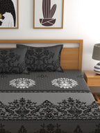 Dreamscape Grey & White Ethnic Motifs 144 TC Queen Bedsheet with 2 Pillow Covers | Grocsy