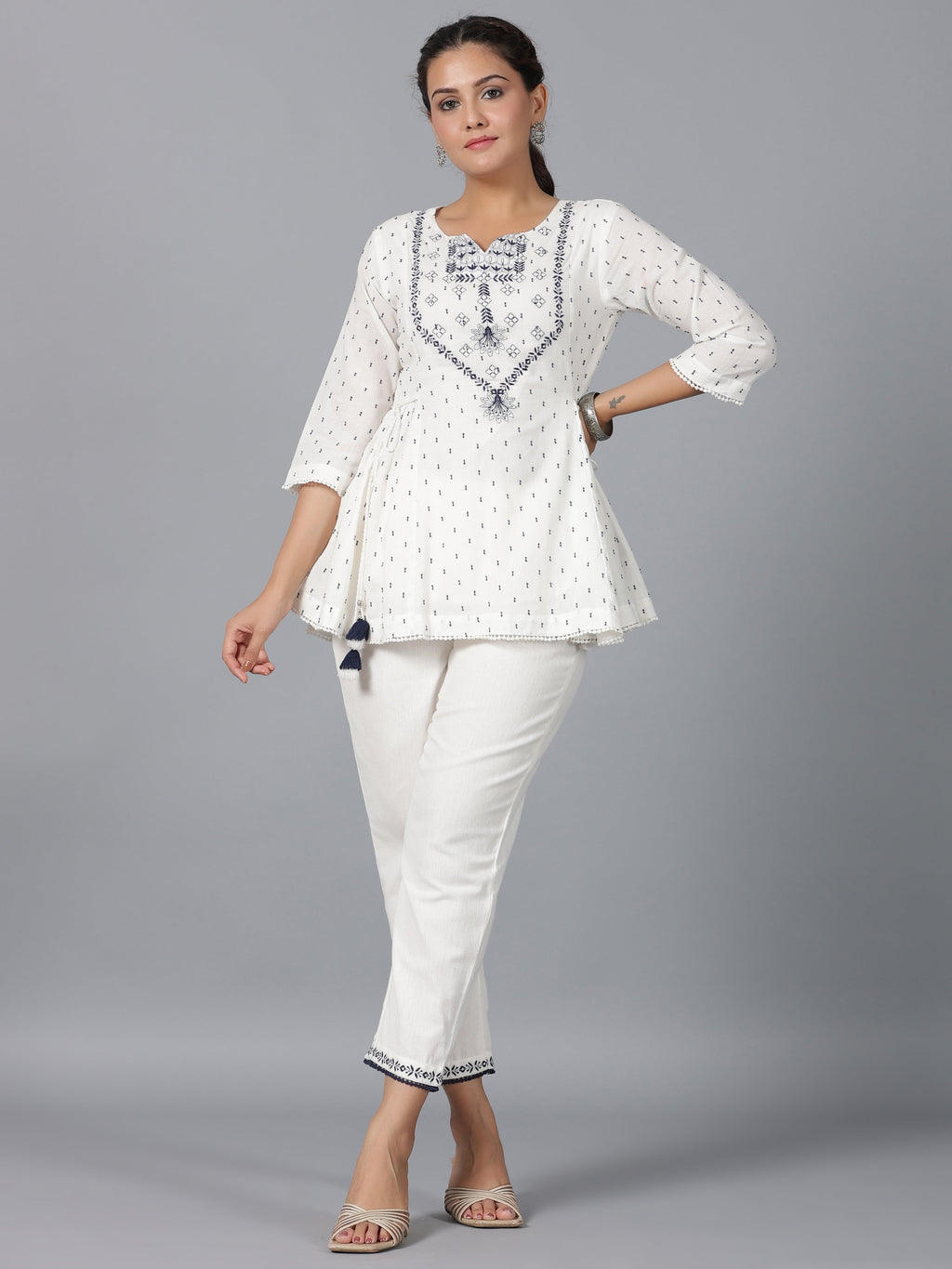 Juniper Women Off-White Cotton Dobby Embroidered Clothing Set | Grocsy