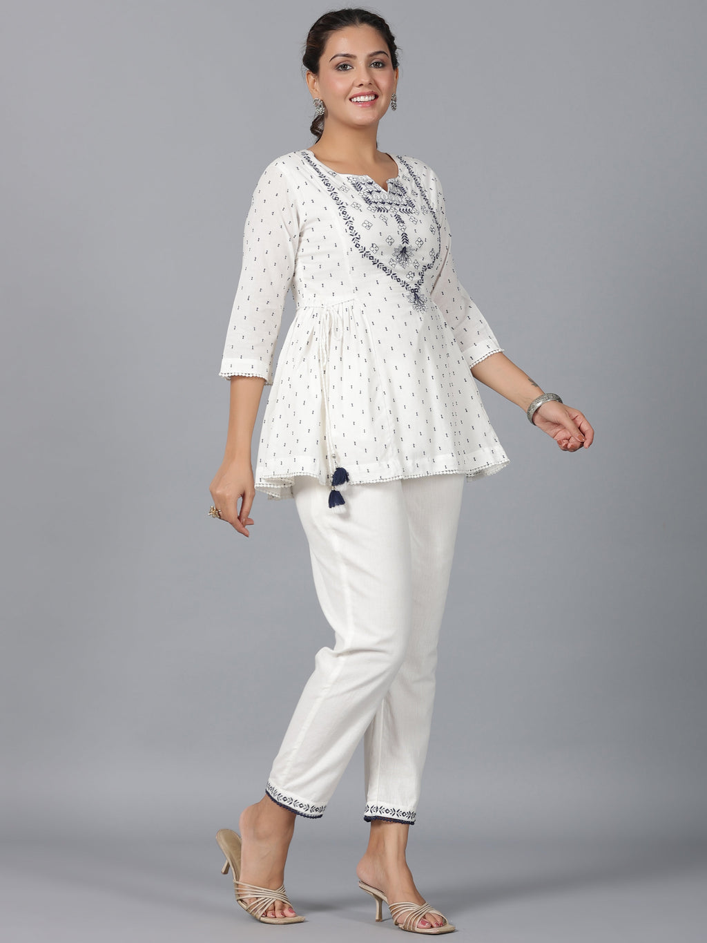 Juniper Women Off-White Cotton Dobby Embroidered Clothing Set | Grocsy