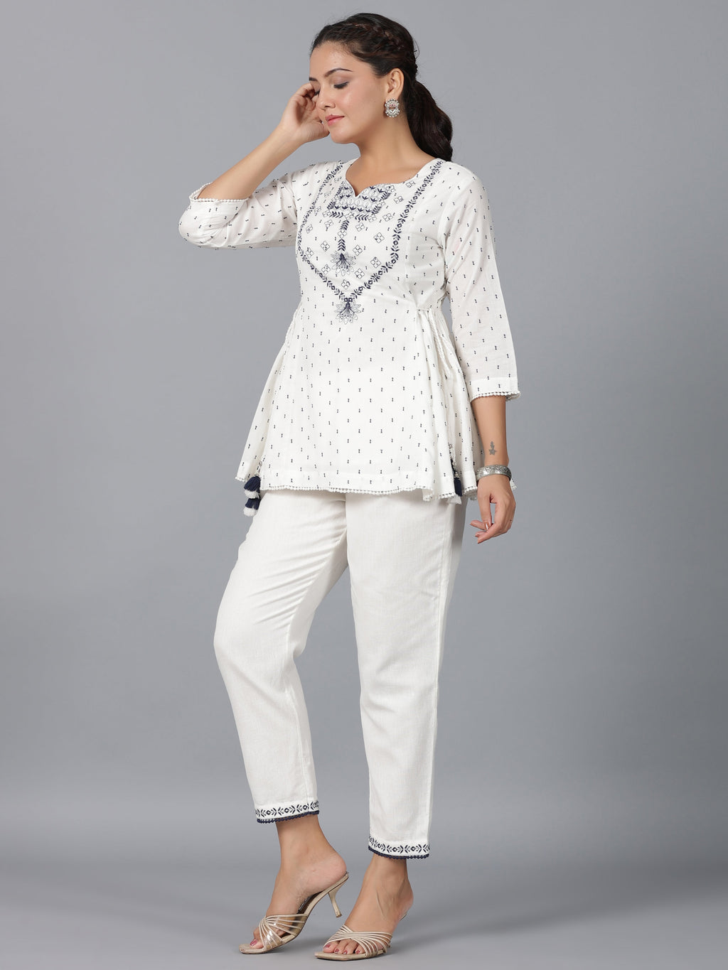 Juniper Women Off-White Cotton Dobby Embroidered Clothing Set | Grocsy