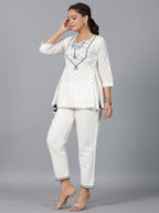 Juniper Women Off-White Cotton Dobby Embroidered Clothing Set | Grocsy