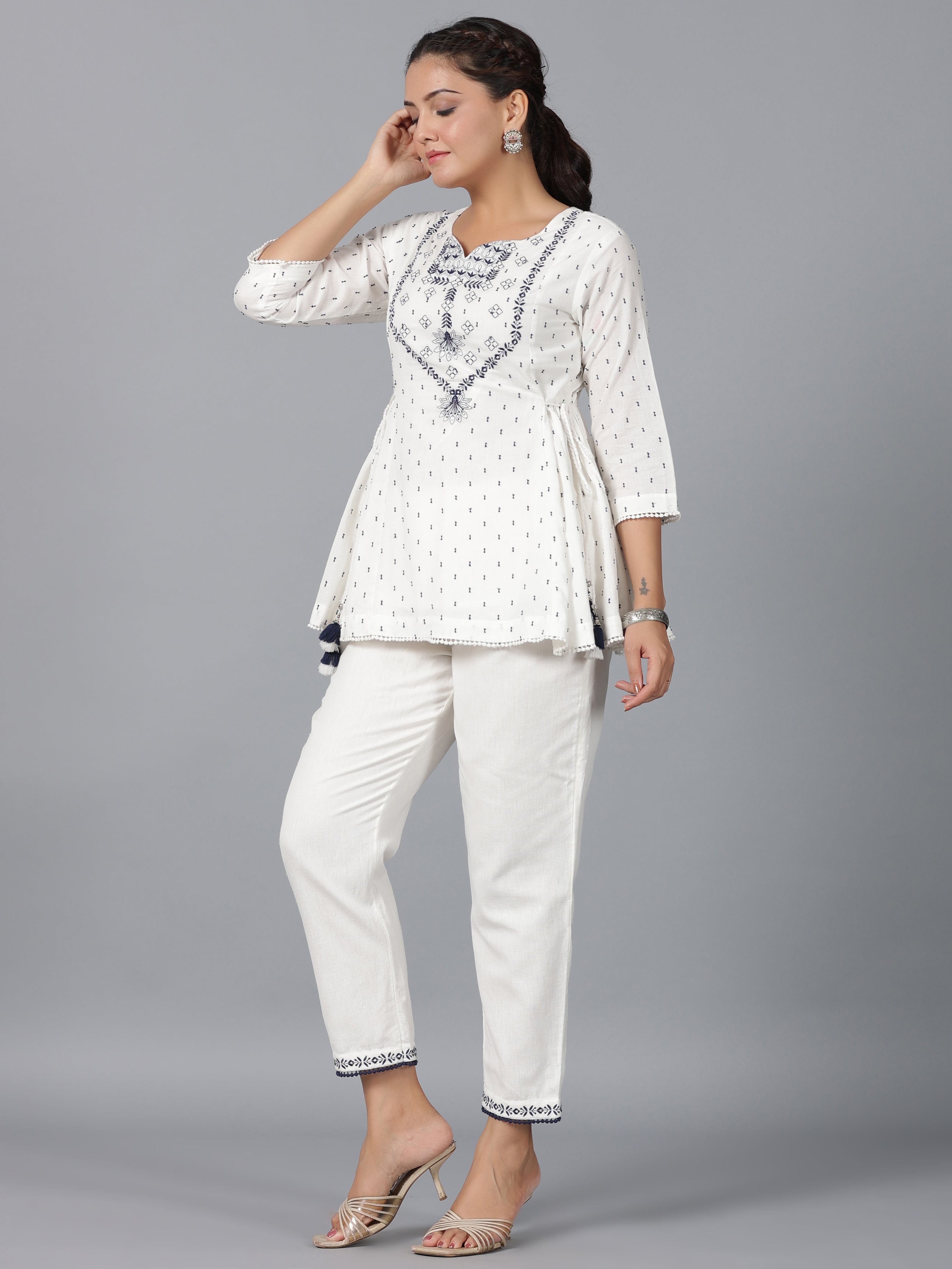 Juniper Women Off-White Cotton Dobby Embroidered Clothing Set | Grocsy