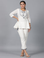 Juniper Women Off-White Cotton Dobby Embroidered Clothing Set | Grocsy