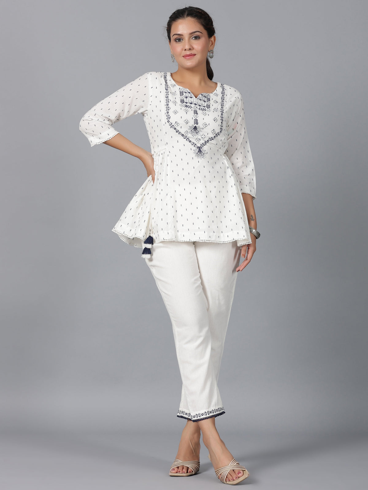 Juniper Women Off-White Cotton Dobby Embroidered Clothing Set | Grocsy