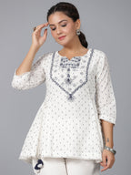 Juniper Women Off-White Cotton Dobby Embroidered Clothing Set | Grocsy