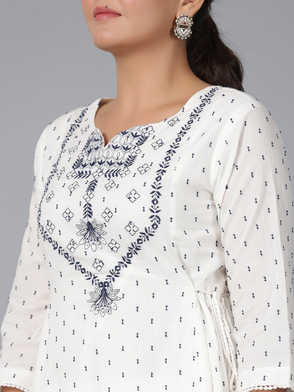 Juniper Women Off-White Cotton Dobby Embroidered Clothing Set | Grocsy