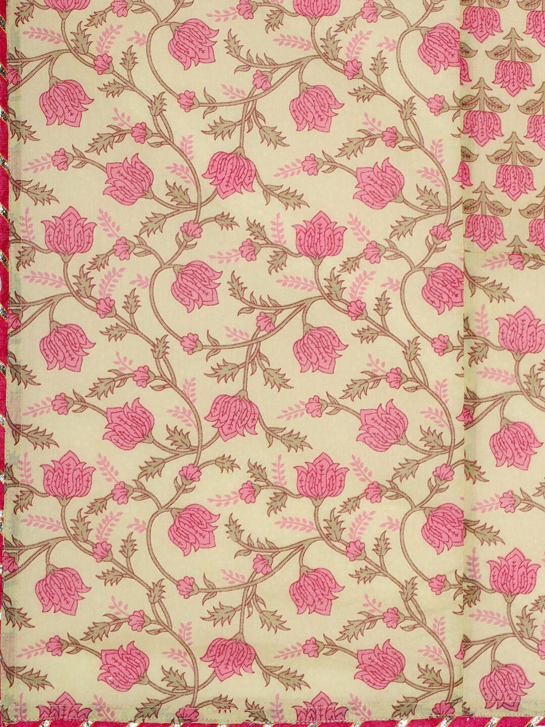 HERE&NOW Women Pink Floral Printed Angrakha Pure Cotton Kurta with Trousers & With Dupatta | Grocsy