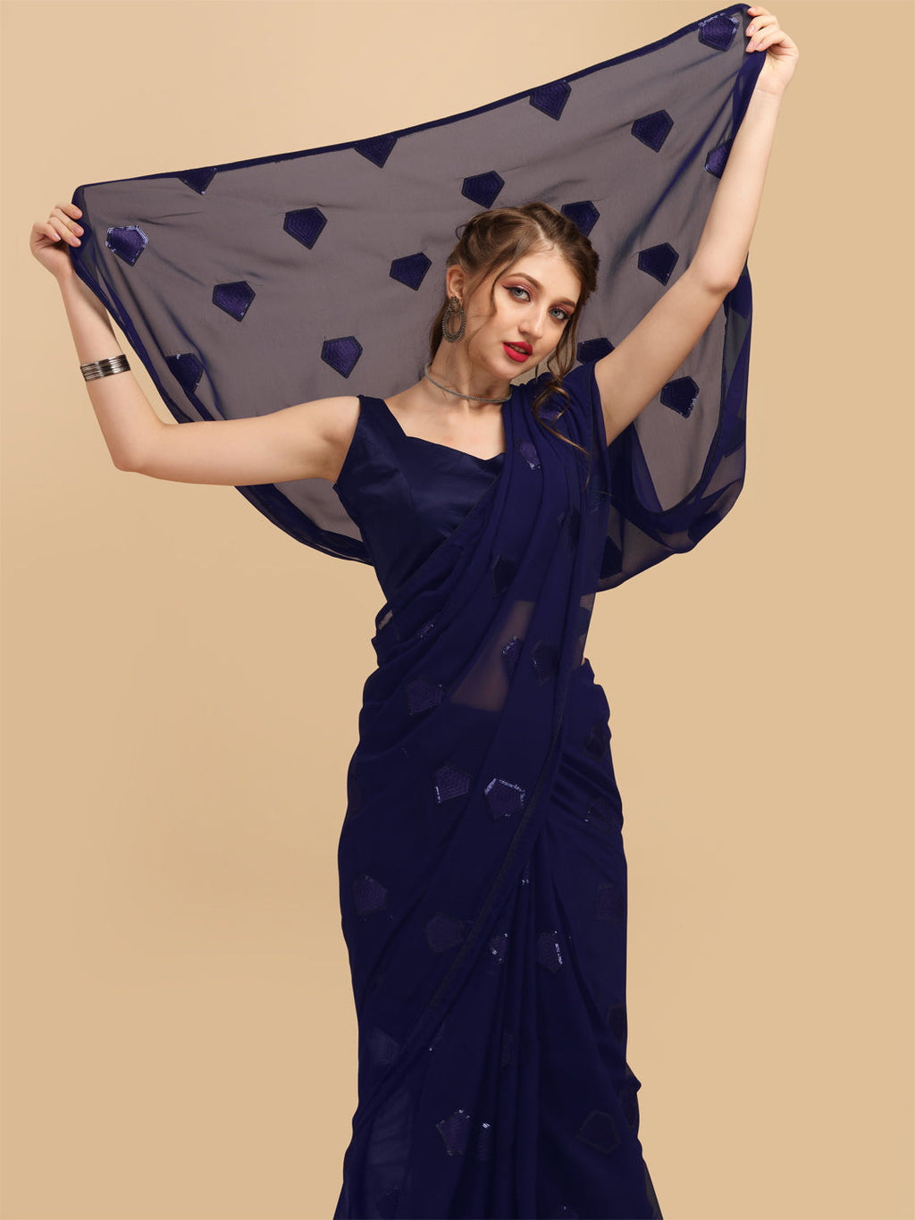 Sangria Navy Blue Sequinned Pure Georgette Saree | Grocsy