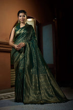 Vardha Brunswick Green Golden Zari Kanjeevaram Silk Saree | Grocsy